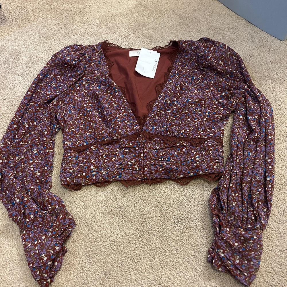 Astr Purple and Brown Puff Sleeve Smocked Crop Blouse